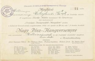 1923 Bp., az Országos Inségenyhítő Mozgalom javára a Zeneakadémia nagytermében rendezett Nagy Díszhangerverseny műsora + meghívó Mihajlovits (Mihailovits, Michailovits) Kornél részére, számozott (44. sz.)