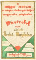 1938 Magyar Zeneszó magyar nóta oklevél, óteleki Szabó Mag­dolna hódmezővásárhelyi énekes részére; 4 autográf aláírással, közte S.Tordai Blanka (1904-1997) és Mikó Ernő, a Nemzeti zende tanára aláírásaival; magyar trikolór színeivel kézzel festett, art deco stílusban, sérült, törésnyomokkal, 54x33 cm