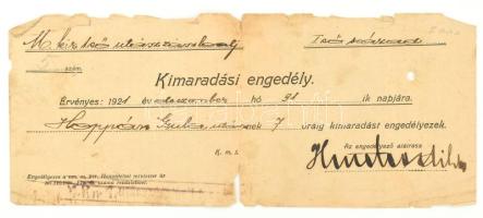 1921 Kimaradási engedély, M. kir. 1. utász zászlóalj I. század, hátoldalán irredenta nyomtatvány Magyar Hiszekegy imával, valamint Endrédy György: A munkácsi várhegy fokán c. versével. Kissé sérült, viseltes állapotban, 20,5x8,5 cm