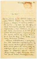1885 Pozsony, Kacziány Géza (1856-1939) bölcseleti doktor, tanár, író, műfordító, politikus, miniszteri tanácsos saját kezű, fiatalkori levele édesapjának, amelyben többek közt beszámol a pozsonyi Westungarischer Grenzbote c. politikai napilap szerkesztőjeként megkezdett munkájáról (a Simonyi Iván tulajdonában lévő lapot másfél évig, 1885-től 1886-ig szerkesztette); a Simonyi családnál való megszállásáról (a laptulajdonos Simonyi Ivánt ,,derék antiszemita-ként jellemzi); valamint Pozsony városáról is ír: ,,Pozsony különben igen szép középkori város [...] tömérdek katonaság, kevés zsidó [...]. 4 beírt oldal, az utolsó oldal alján ,,Csókolja szerető fia Géza aláírással, a lap tetején folttal.