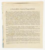 cca 1829 ,,A' Pesti jóltévő Aszszonyi-Egygyesületről". Az 1817-es éhínség idején Hermina Mária Amália hercegnő, József nádor felesége javaslata nyomán alapított Budai Jóltevő Asszonyi Egyesület pesti testvéregyesületének ismertetése. A lap szélén kis sérülésekkel, 4 p. Ritka!