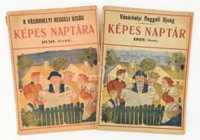 1929-1930 Vásárhelyi Reggeli Ujság képes naptára, össz. 2 db. Kiadói papírkötés, kissé foltos borítókkal, gerinceken sérülésekkel, 1929. évi naptár néhány lapja kissé foltos.