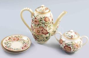 Zsolnay bambusz mintás kiöntő, cukortartó és 3 db tálka. Jelzett, hibátlan, színárnyalat különböző