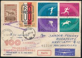 1960 Expressz légi levél dekoratív bérmentesítéssel, levélzárókkal, alkalmi- és légiposta bélyegzéssel Budapestre, érkezési bélyegzéssel