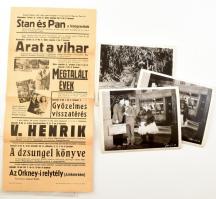 cca 1942 Mozis rácsplakát, rajta: Stan és Pan a fenegyerekek, Cecil B. de Mille: Arat a vihar, Megtalált évek, Győzelmes visszatérés,V. Henrik (Laurence Olivier), A dzsungel könyve, Az Orkney-i relytély (A fekete kém), 59x28 cm + cca 1940 Stan és Pan filmfotók, 14 db, 21x25 cm