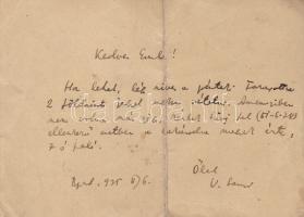 Veress Sándor (1907-1992) zeneszerző, zongoraművész, népzenekutató saját kézzel írt levelezőlapja Lá...