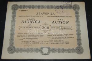 Horvátország 1921. "Slavonija" részvénye 200K-ról, két nyelven