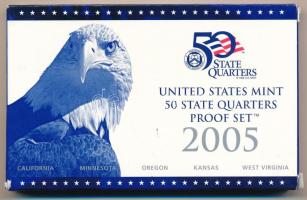 Amerikai Egyesült Államok 2005S 1/4$ Cu-Ni &quot;50 állam - Kalifornia, Minnesota, Oregon, Kansas, Nyugat-Virginia&quot; (5xklf), műanyag tokban, tanúsítvánnyal, karton külső tokban T:PP USA 2005S 1/4 Dollar Cu-Ni &quot;50 States - California, Minnesota, Oregon, Kansas, West Virginia&quot; (5xdiff) in plastic case, with certificate, in cardboard case C:PP