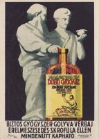 Dobó gyógyvíz. Biztos gyógyszer golyva, vérbaj ellen. Troján Alfonz színes kőnyomatú plakátja (1924) Budapest, 1924. Grafikai Intézet Rt. Színes kőnyomat, mérete: 200x150 mm egy 235x170 mm méretű levélen. A Dobó gyógyvíz a Preszler Ferenc által 1842-ben Egerben alapított ,,Preszler Ferenc Fiai Szesz-, Likőr- és Rumgyár" vezető nem alkoholos terméke. A Dobó gyógyvíz golyva elleni jótékony hatását a korabeli egészségügyi szaksajtó is igazolta (Orvosi Hetilap, Budapesti Orvosi Újság), vérbaj elleni hatásáról nem születtek cikkek. Jó állapotú, kis méretű plakát.