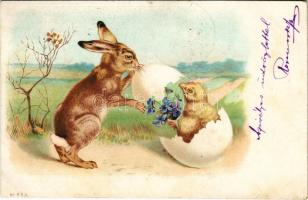 1900 Húsvéti üdvözlet / Easter greeting art postcard with rabbit and chicken. litho (fl)