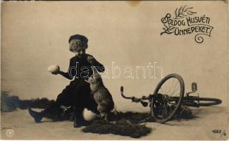 1910 Boldog húsvéti ünnepeket / Easter greeting with girl, egg, bicycle and rabbit (EK)