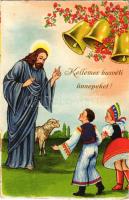 Kellemes húsvéti ünnepeket / Easter greeting art postcard with Jesus, Hungarian folklore (EB)