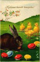 Kellemes húsvéti ünnepeket / Easter greeting art postcard with rabbit, chicken and eggs (EK)