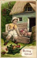 Boldog Újévet / New Year greeting art postcard with boy, horseshoes, clovers, mushrooms and pigs. Emb. litho (lyuk / pinhole)