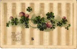 1912 Boldog Újévet / New Year greeting art postcard with horseshoe and clovers. Emb. litho (lyuk / pinhole)