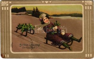 Boldog karácsonyi ünnepeket / Christmas greeting art postcard with sledding lady, winter sport. Art Nouveau, litho (kopott sarkak / worn corners)