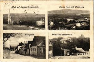 1929 Kritzendorf (Klosterneuburg), Blick auf Schloss Kreuzenstein, Donau-Auen mit Bisamberg, Bahngasse, Brücke mit Hauservilla / castle, street view, bridge, villa. Fotogrfie v. K. Düring (fl)