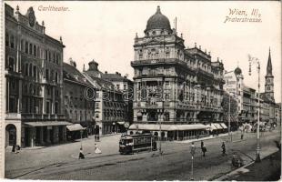 1907 Wien, Vienna, Bécs; Carltheater, Praterstrasse / street view, theatre, tram (EB)