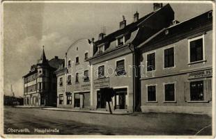 1938 Felsőőr, Oberwart; Hauptstraße, Königlich Holländischer Lloyd nach Süd-Amerika / Fő utca, drogéria, gyógyszertár, étterem, üzletek, hajózási iroda / main street, drugstore, pharmacy, restaurant, shops, ship cruise office (EB)