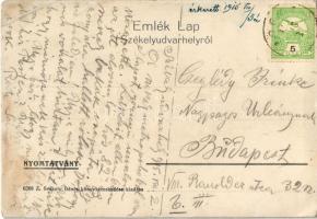 1915 Székelyudvarhely, Odorheiu Secuiesc; Vármegyeháza, Barcsay üzlete, Sétatér, Római katolikus tem...