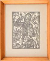 Walter Helbig (1878-1968): Prédikáció a madaraknak (Vogelpredigt). Fametszet, papír, jelzés nélkül. 20×15 cm. Üvegezett fakeretben.