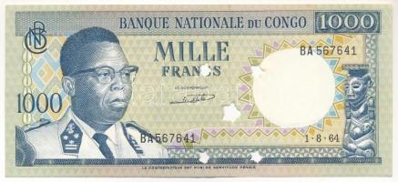 Kongó 1964. 1000Fr csillag alakú lyukasztással érvénytelenítve T:XF Congo 1964. 1000 Francs cancelled by star-shaped holes C:XF Krause P#8