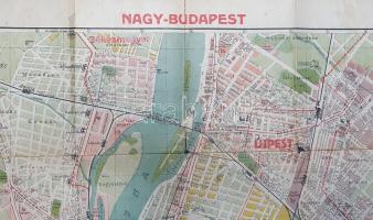 Nagy-Budapest térképe. Ujpest, Kispest, Pestszenterzsébet, Csepel, Pestújhely, Rákospalota, Pestszentlőrinc [feltüntetésével]. Tervezte Stoits György. (1928 körül)  Budapest, (1928 körül). Aczél Testvérek - Gottlieb Lit. ny. Színes térkép, mérete 930x660 mm egy 1000x700 mm méretű térképlapon.  Színes kőnyomatú térképünk az egészen 1930-ig tíz kerületre osztott Budapestet ábrázolja, a kapcsolódó elővárosokkal. Illusztrált térképünk Békásmegyertől Soroksárig, Farkasréttől Pestszentlőrincig terjedően mutatja be a székesfőváros területének döntő hányadát, a belső területeket 1:18.000, a peremterületeket 1:22.000 méretarányban. Egyes kiemelt középületek, hidak illusztrációval szerepelnek, a térkép feltünteti a vasút- és közlekedési hálózatot, a tervezett Árpád híd (1951) és Boráros téri híd (1937) vonalvezetését; a Műegyetemtől délre Lágymányos még feltöltetlen, helyén a Duna hullámzik; Csepel mai kertvárosa helyén még a ,,Bucká&quot;-nak nevezett erdő terpeszkedik, melynek helyén a térkép pár évvel későbbi utánnyomásaiban már a dinamikusan bővülő Weisz Manfréd (hadiipari) gyár lakóövezete található. Évszám feltüntetése nélküli példányunk kiadási dátumára a topográfiai elemeken kívül a hátoldal hirdetése alapján következtettünk, amely a kiadó nyomtatványainak koronában és pengőben megadott árairól tájékoztat (a pengő 1927-ben váltotta fel a korábbi pénznemet).  Fabó-Holló 2868.  Hátoldalán enyhén foltos térkép, a hajtások mentén szakadásokkal, a térképlap szélén szakadásnyomokkal.