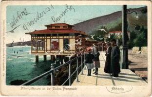 1908 Abbazia, Opatija; Mövenfütterung an der Slatina Promenade / sirály etetés a sétányon, Hunyadi János keserűvíz reklámplakát / seagull feeding, Hungarian mineral water advertisement poster (kopott sarkak / worn corners)