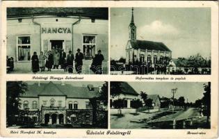1940 Felsőireg (Iregszemcse), Báró Kornfeld M. kastélya, Hangya Szövetkezet üzlete, Református templom és paplak, Brassó utca. Tóth Szabó Gyula fényképész felvétele (fl)