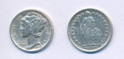 Vegyes: Amerikai Egyesült Államok 1943. 1d (10c) Ag "Mercury" + Svájc 1920. 1/2Fr Ag T:XF,...