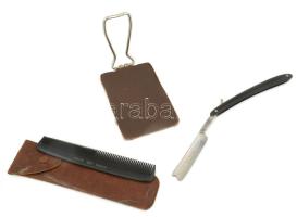 3 darab régi tárgy: borotva, fésű kígyóbőr tokban, utazótükör