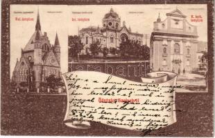 1907 Szolnok, református templom, izraelita templom, zsinagóga, római katolikus templom. Wachs Pál kiadása