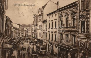 Cieszyn (Teschen) Stefanie street with tram and the shop of Sofie Leitner