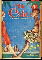 1925 Ma Este. Képes heti revü. III. évf. 34-40. sz. Korabeli egészvászon kötésben, a többek közt Schönberger Armand és Csabai Ékes Lajos által rajzolt papírborítókat bekötötték, sérült gerinccel, kopott borítóval első néhány lap foltos, néhány kevés lapon apró sérülésekkel, kisebb szakadásokkal.
