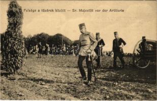 Őfelsége Ferenc József a tüzérek között. Boldog új évet! A Bánat és nyomor enyhítésére - Pro Patria 1914. Első világháborús zsidó katonai újévi üdvözlet héber nyelven a hátoldalon. Magyar fénynyomdai Rt. Judaika, propaganda / WWI Jewish New Year greeting in Hebrew at the back side, Franz Joseph with K.u.K. military artillery. Judaica, propaganda