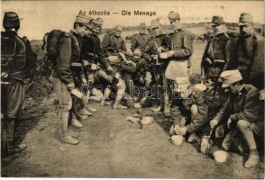 Az étkezés, osztrák-magyar katonák. Boldog új évet! A Bánat és nyomor enyhítésére - Pro Patria 1914. Első világháborús zsidó katonai újévi üdvözlet héber nyelven a hátoldalon. Magyar fénynyomdai Rt. Judaika, propaganda / WWI Jewish New Year greeting in Hebrew at the backside. K.u.k. military, soldiers eating lunch Judaica, propaganda