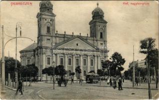 1912 Debrecen, Református nagy templom, villamos. Thaisz Arthur kiadása (EK)