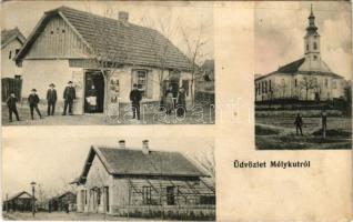 1913 Mélykút (Jánoshalma), Római katolikus templom, Fabis István üzlete, vasútállomás (Rb)