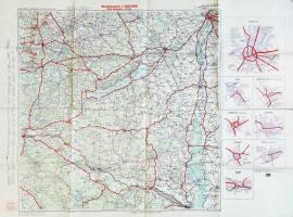 [A megnövekedett Magyarország dunántúli részének közúti térképe] (1941) Blatt 44: Budapest-Plattensee-Osijek (Esseg). Staßenkarte 1 : 300,000.  [Bécs] Wien, 1941. Druck und Verlag Kartographische Anstalt Freytag-Berndt und Artaria K. G. Színes térkép, mérete: 740x750 mm egy 800x1110 mm méretű térképlapon.  Hivatalos használatra szánt, színes Dunántúl-térképünk az 1941. évi délvidéki, Baranya-háromszögi és Mura-közi bevonulásokkal megnövekedett ország Dunától nyugatra elhelyezkedő részének közúthálózatát ábrázolja. A német, francia és angol nyelven feliratozott jelkulcs a térképtől balra. Térképünk a jelkulcsban külön kódolást tartalmaz az autópályák, az első-, másod- és harmadrendű utak számára, jelöli továbbá az utak jelentősebb emelkedőit, feltünteti a személyszállító és az autószállításra is alkalmas réveket, a Balaton hajózási útvonalait, mellékes információként a vasútvonalakat is, a hegy- és vízrajzi részleteken kívül a teljes településhálózatot. Ennek érdekessége, hogy a Muraköz, a baranyai háromszög és Bácska névanyaga teljességgel délszláv nyelvű, a trianoni határon belül kizárólag Székesfehérvár és Pécs városa kapott német megnevezést is. Az erdőségeket is feltüntető térkép emlékezetes vonása a Duna alsó szakaszainak átvágatlan mivolta, illetve a mellette elterülő dél-tolnai Sárköz, illetve a somogyi Balaton-mellék meglepően lápos mivolta. A fő térképtől jobbra a térség nyolc kiemelt városának színes közlekedési térképvázlata: Budapesté, Pápáé, Székesfehérváré, Szombathelyé, Kaposváré, Pécsé, illetve két határvárosé: Eszéké és Varasdé.  Térképlapunk verzóján kézírásos jegyzet, a térkép bal szélén, illetve a hajtások mentén apró szakadásnyomok.  Jó állapotú lap, hajtogatva.