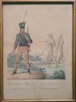 Sluini Határörző Stutzos Legény Leány. Ein Gränz-Scharfstütze und Maedchen aus Sluin. Kézzel színezett rézmetszet. Bikkessy Heinbucher József (1767-1833) festő rajza után metszette Karl Beyer. Készült 1816-ban. Mérete: 243x170 mm, a lemezméret: 250x190 mm, a teljes lapméret: 285x210 mm. Bikkessy Heinbucher József (1767-1833), magyar festő. A Habsburg Birodalom katonatisztjeként szolgált, a bécsi mérnöki akadémián tanult, később a térképrajzoló lett. A soknemzetiségű birodalom több vidékén is szolgált, ahol lerajzolta a számára érdekes viseleteket. Munkásságának fő témája a korszak nemesi, paraszti és katonai öltözködési kultúrája, az ország egyes vidékeinek és társadalmi csoportjainak jellegzetes viselete. Az általa alkotott festmények és rajzok forrásértékűek a néprajztudomány korszakkal foglalkozó szakemberei számára. A 78 metszetből álló gyűjteményt Karl Timlich adta ki, magyar és német feliratokkal, ,,A' magyar és horváth országi leg nevezetesebb nemzeti öltözékek hazai gyűjteményie" címmel (Bécs, 1816). A második, alig változott kiadás már Bikkessy neve alatt jelent meg 1820-ban, ,,Pannoniens Bewohner in ihren volksthümlichen Trachten" címmel, Csaplovics József német nyelvű magyarázó szövegeivel. A metszet címében szereplő Szluin megnevezés a mai Károlyvároshoz közel eső Szluin városára, illetve az itt állomásozó szluini ezredre utal. A török háborúk után a Habsburg-adminisztráció Magyarország keskeny déli sávját, a Katonai Határőrvidéket leválasztotta az országról, és a töröktől való védelem érdekében katonai közigazgatás alá vonta. A Határőrvidék 17 kisebb részre tagolódott, minden őrvidéket egy-egy külön ezred irányított, esetünkben a horvát szakasz szluini ezrede, Károlyváros környékén. Valamennyi ezred külön színkódolású uniformissal rendelkezett. Metszetünk ugyanakkor nem a tipikus szluini katonát, hanem a szluini uniformisba öltözött határvadász mesterlövészt ábrázolja. A magyarázat hosszan kitér a háttért alkotó fiatal lányok horvát népviseletére, illetve a tipikus katonai őrvidéki háztípus leírására, illetve annak tűzveszélyességének taglalására. Kézzel színezett metszetünk a sorozat 41. darabja. Tökéletes állapotú metszet, keretezve (Neustadtl Ernő és Fiai képkeretgyár, Budapest).