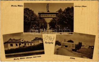 Ipolyság, Sahy; Horthy Miklós laktanya főkapuja és tiszti lakások, katonák, betonbunker / Hungarian military barracks' main entry gate and officers' houses, soldiers, concrete bunker (EK)