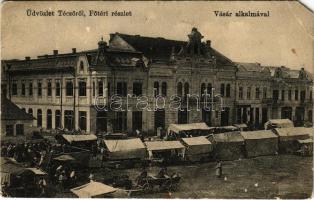 Técső, Tiacevo, Tiachiv, Tyachiv; Fő tér vásár alkalmával, piac, Korona szálloda, villanyszínház, mozi. Szabó Lipót kiadása / main square, market, hotel, cinema (EM)