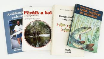 4 db horgászkönyv: Pénzes Bethlen-Tölg István: Horgászoknak halainkról.; A halak ösztönei és szokásai.; Hunyadi Attila: A süllőhorgászat módszerei.; Szász Imre (szerk.): Fürdik a hal. Horgásztörténetek. Vegyes állapotban.