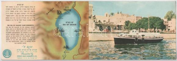 1959 Sea of Galilee map, Tiberias, Capernaum, Ein Gev, Tabgha, Degania Alef, ship. 2-tiled folding panoramacard