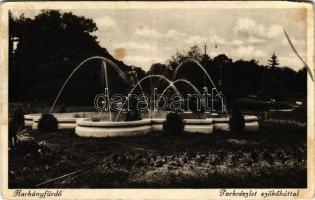 1932 Harkányfürdő, park részlet szökőkúttal + "Pécsi Izraelita elemi népiskola" bélyegzés (ragasztónyom / glue marks)