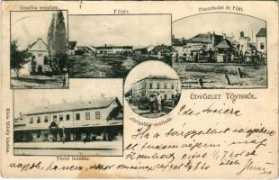 1907 Tövis, Teius; Fő tér, indóház, vasútállomás, Piac, Fő út, Oroszlán szálloda, Izraelita templom, zsinagóga. Klein Mihály kiadása / main square and street, market, railway station, synagogue, hotel (fa)