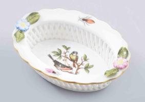 Herendi rothschild mintás ékszertartó tálka. Plasztikus virágokkal díszített, jelzett, hibátlan, h: 10 cm