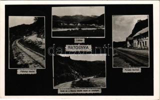 1943 Ratosnya, Rotosnya, Rastolita; Faluvégi részlet a vasúttal, Erdő és a Maros között vezető országút, Foresta tisztilak. Büchsenspanner O. kiadása / railway track, Mures riverside, road, forestry office