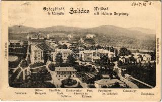 1914 Szliács, Sliac; Gyógyfürdő és környéke. Pannonia, Otthon, Hungaria, Fürdőház, Buda, Bellevue, Bristol, Újpest, Huszka vendéglő, Amália, Strauss, Dankovsky kávéház és étterem, Pest és Pestszárny szálloda, Izraelita (zsidó) vendéglő, Üdvözlégy, Üvegház kertész lak / spa, hotels, Jewish restaurant, greenhouse, café (EK)