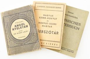 3 db szótár és nyelvkönyv: Magyar szerb-horvát és horvát-szerb magyar zsebszótár. Bp., é.n., Lingua. 3. , változatlan kiadás. Kiadói papírkötés. + Mikes Lajos: Tolnai angol nyelvtana (kezdők számára). Bp., é.n., Magyar Kereskedelmi Közlöny Hírlap és Könyvkiadóvállalat. Kiadói papírkötés, kissé sérült gerinccel, laza kötéssel, lapok alján ázásnyommal, néhány kevés lap széle sérült. + Kleines deutsch-russisches technisches Wörterbuch. Königsberg-Berlin, 1941, Ost-Europa-Verlag. Kiadói papírkötés.